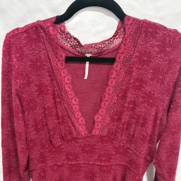 Free People Boho Lace Trim Deep V Fit & Flare Dress Velvet Burnout Pockets Fall - Picture 4 of 16